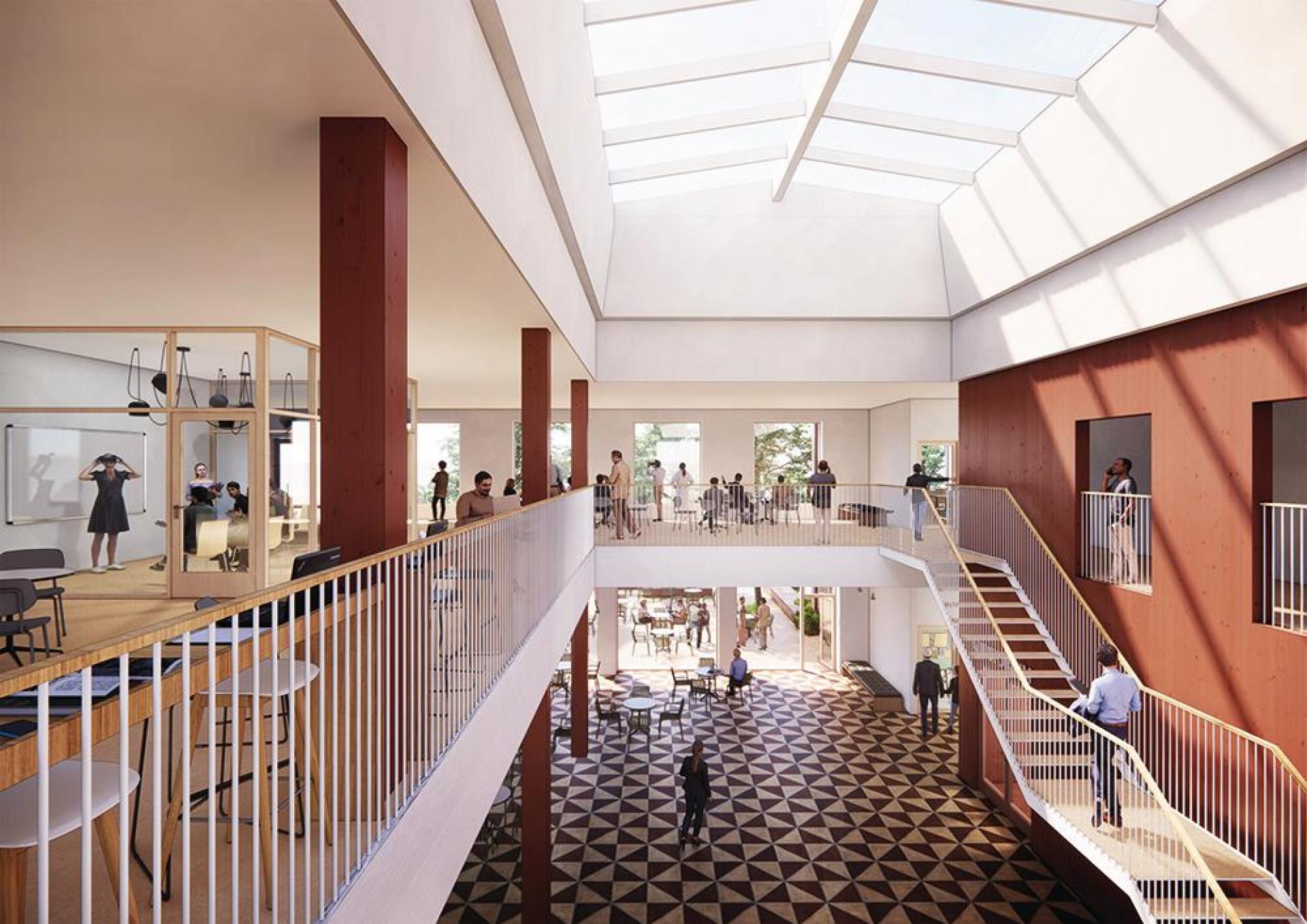 Den nye bygning er centreret omkring et lyst atrium med plads til både samarbejde og fordybelse. Visualisering: Skou Gruppen.