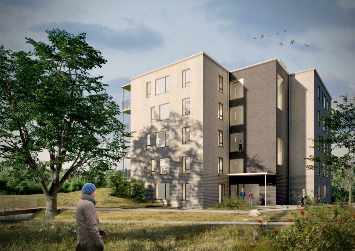 Sådan kommer et nyt byggeri med 38 almene boliger til at tage sig ud i vestjyske Videbæk. Illustration: Erik Arkitekter.