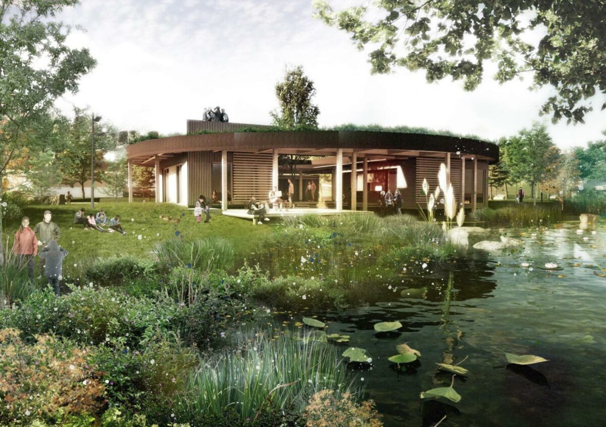 Sådan kommer et nyt gennemstøttet fælleshus nær Randers til at tage sig ud. Illustration: C.F. Møller Architects.