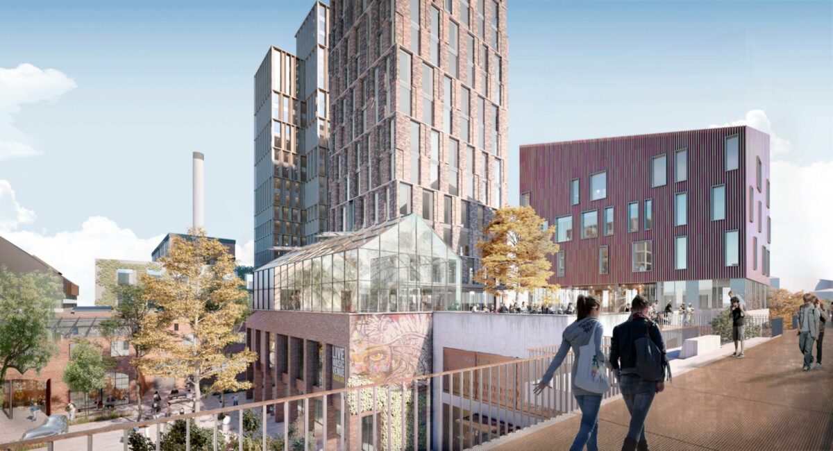 Visionen for det tidligere industriområde er at skabe en særdeles mangfoldig bydel, der bliver samlingspunkt for både erhverv, kultur, iværksætteri i samspil med socialt udsatte borgere. Visualisering: A. Enggaard.