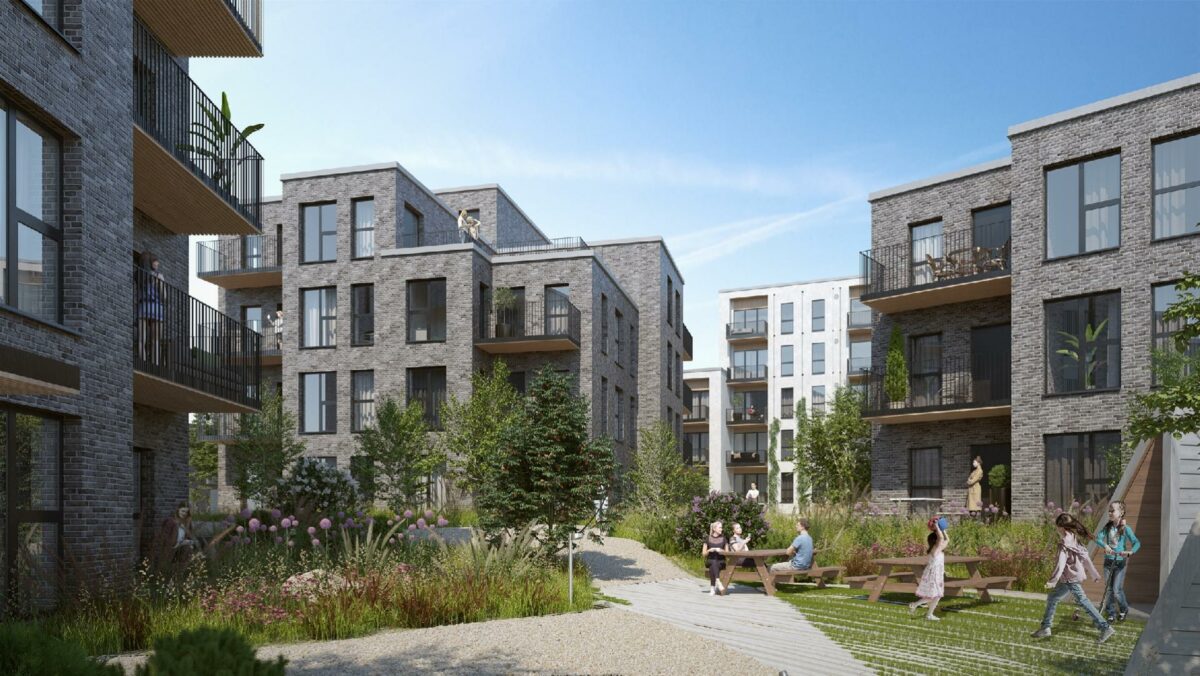 De i alt 173 boliger i Søbakkehusene i Nærheden er fordelt på 29 rækkehuse, seks kædehuse, to etageejendomme og fem punkthuse. Visualisering: Arkitema Architects.