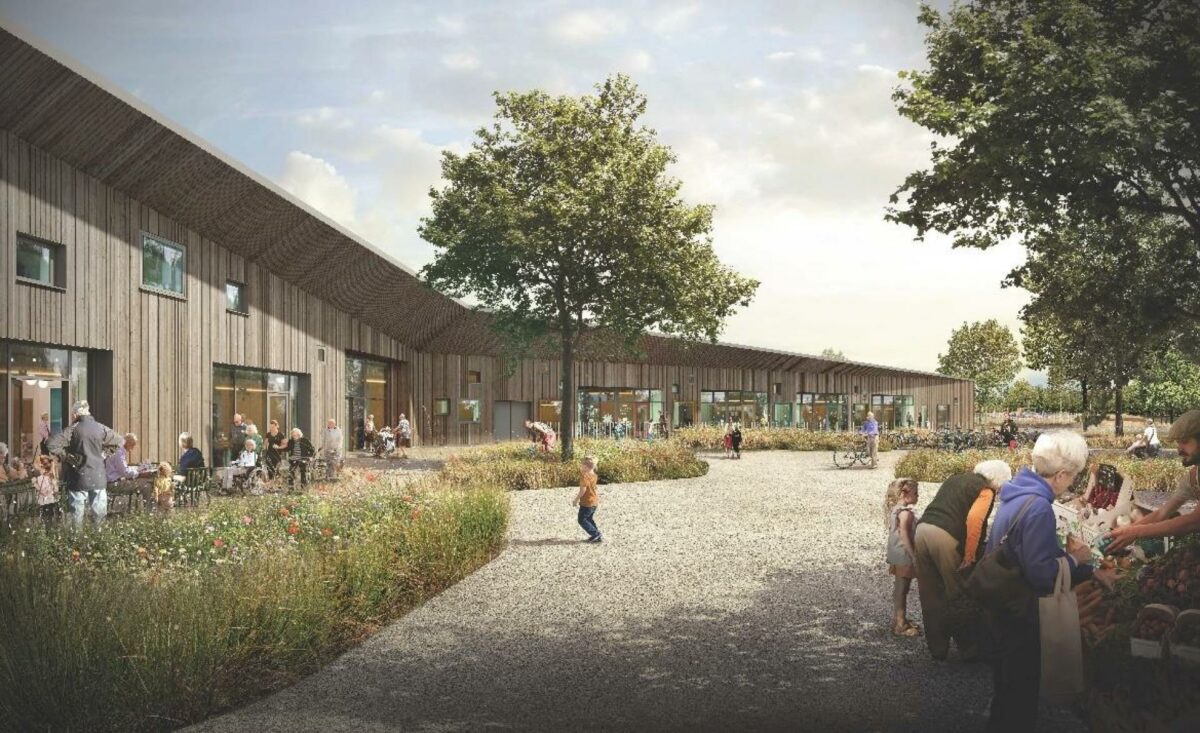 Byggeriet indeholder 79 plejeboliger med servicefaciliteter og lægeklinik. Derudover en daginstitution til 120 børn. Visualisering: Sweco Architects.
