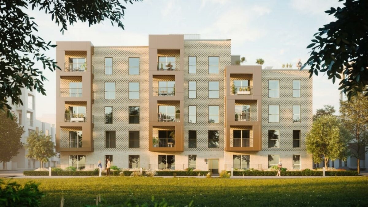 Fælledkarréen består af 87 nye, bæredygtige boliger i Ørestad Syd. Illustration: Transform Arkitekter.