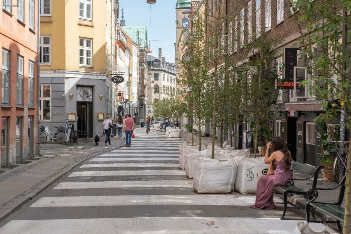 Tredje Natur har sammen med Københavns Kommune nedlagt 70 parkeringspladser i Indre By midlertidigt for at give plads til 250 nye træer, grøn mobilitet og ophold i byrummet. Foto: Lovisa Nordlöf, Tredje Natur.