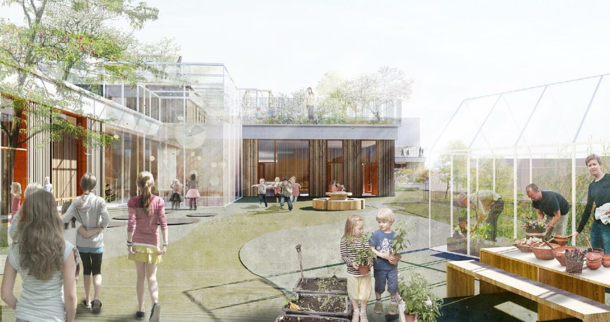 Tagets terrasselandskab skal sikre et dynamisk fokus på natur og bæredygtighed. Visualisering: JJW Arkitekter.
