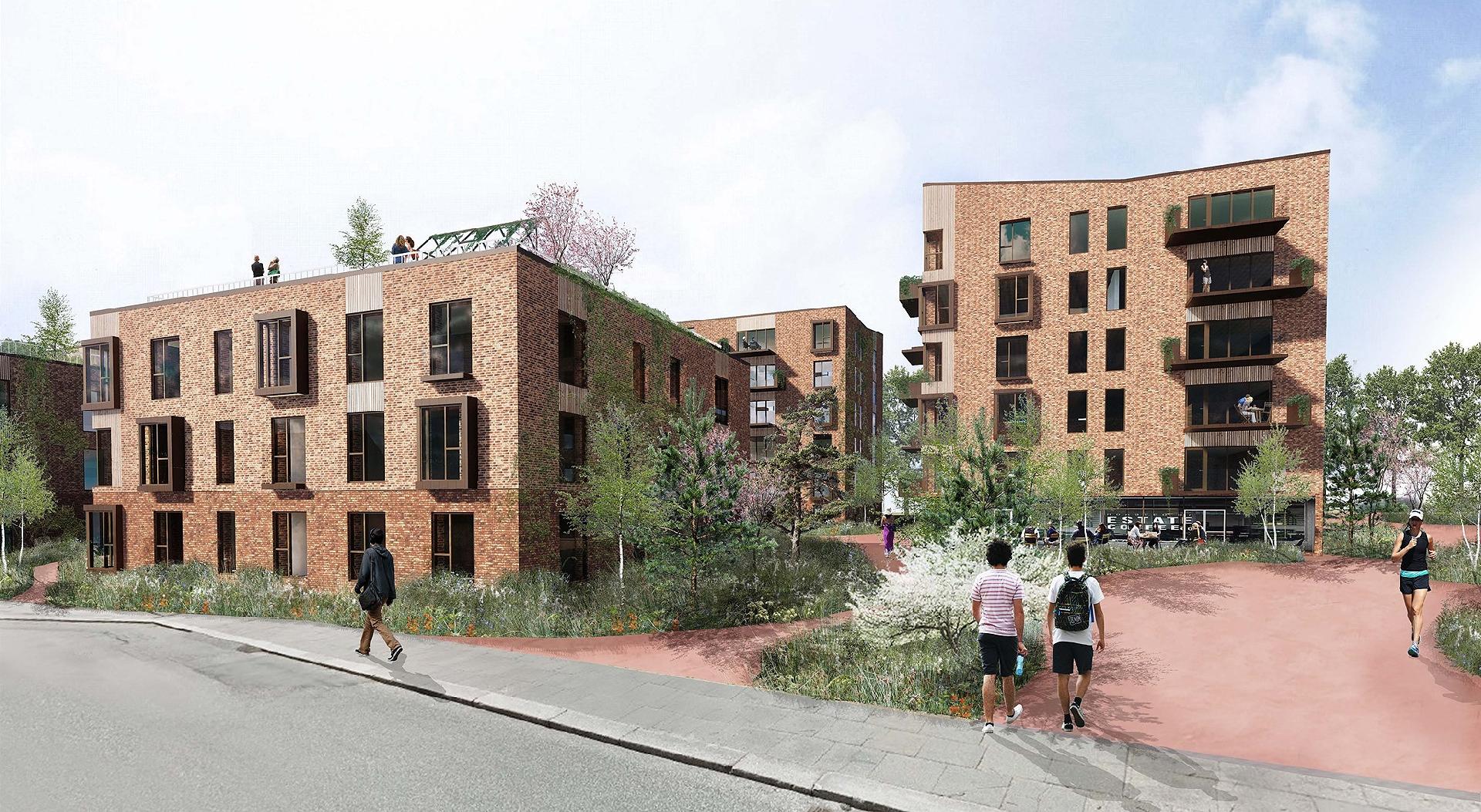 Byen i Parken' er et nyt byområde i Hjørring, der er designet af Bjerg Arkitektur, mens Jorton står for al udvendigt murerarbejde og badeværelser i samarbejde med totalentreprenør Arne Andersen Vrå. Visualisering: Bjerg Arkitektur.
