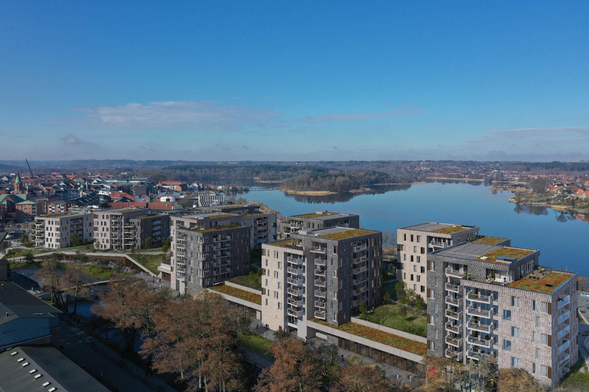 Flere og flere svanemærkede byggerier skyder i disse år op i Jylland blandt andet på Søtorvet i Silkeborg, som ses her. Foto: AP Pension.