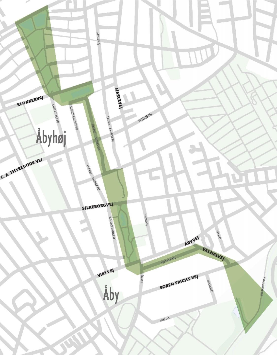 Den 2,5 km lange strækning løber fra Klokkerparken i nord til Aarhus Å i syd.