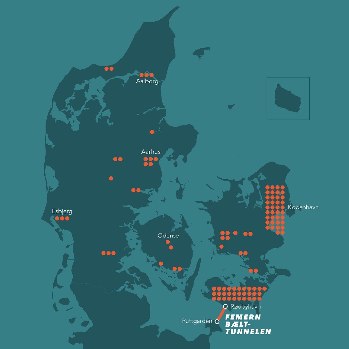 Kort over, hvordan de danske kontrakter fordeler sig i landet.