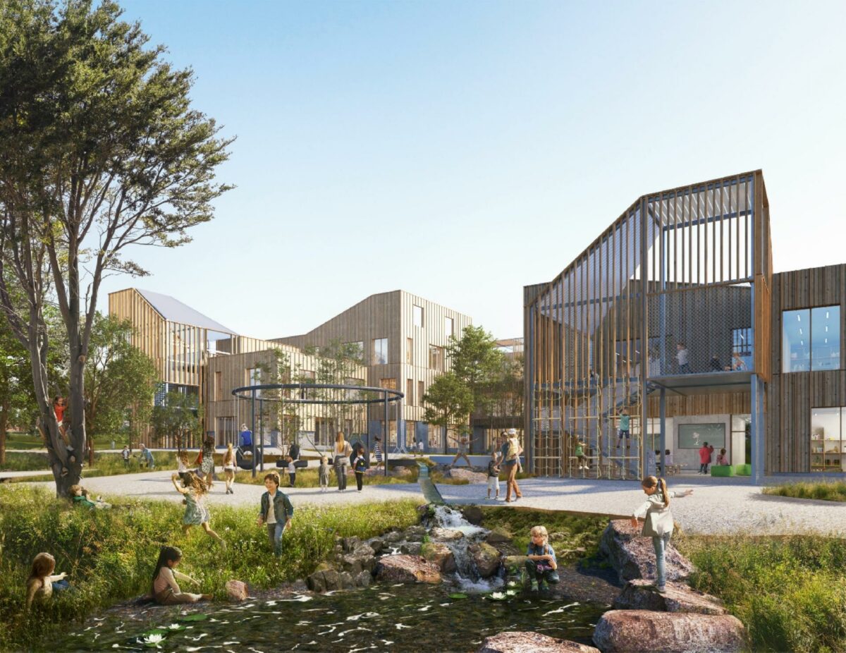 I Nye-bydelen i det nordlige Aarhus er arkitekturen designet til at udgøre et socialt kraftcenter for hele lokalområdet. Visualisering: Christensen & Co Architects.