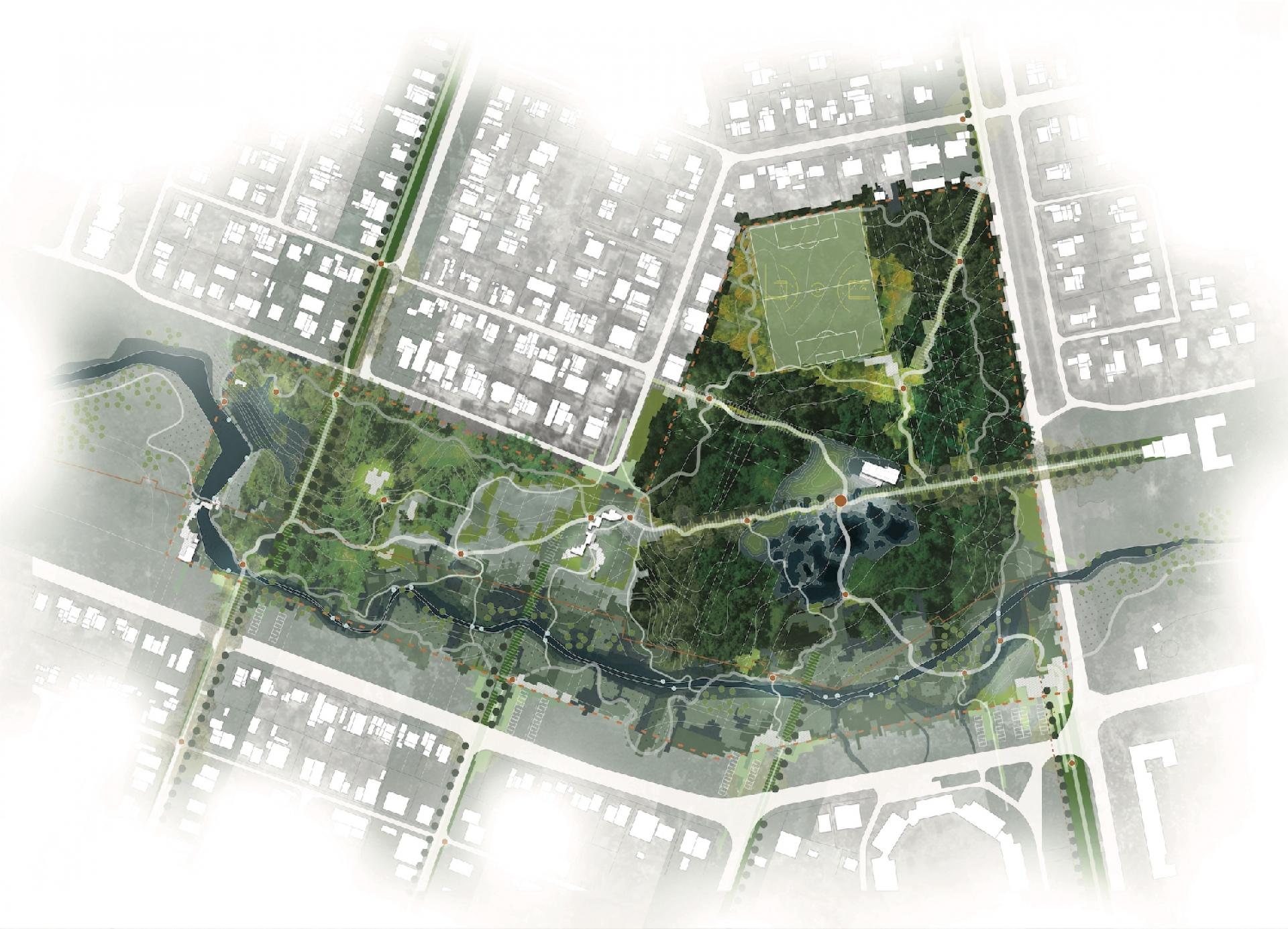 Konceptet forbinder parken til byen gennem et transformerende landskabsdesign.