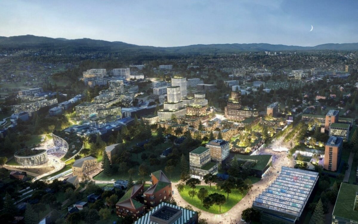Oslo Science City ligger centralt i Oslo og er hjemsted for cirka 300 nystartede virksomheder, 7.500 forskere, 10.000 hospitalsansatte og 30.000 studerende. Visualisering: BIG.