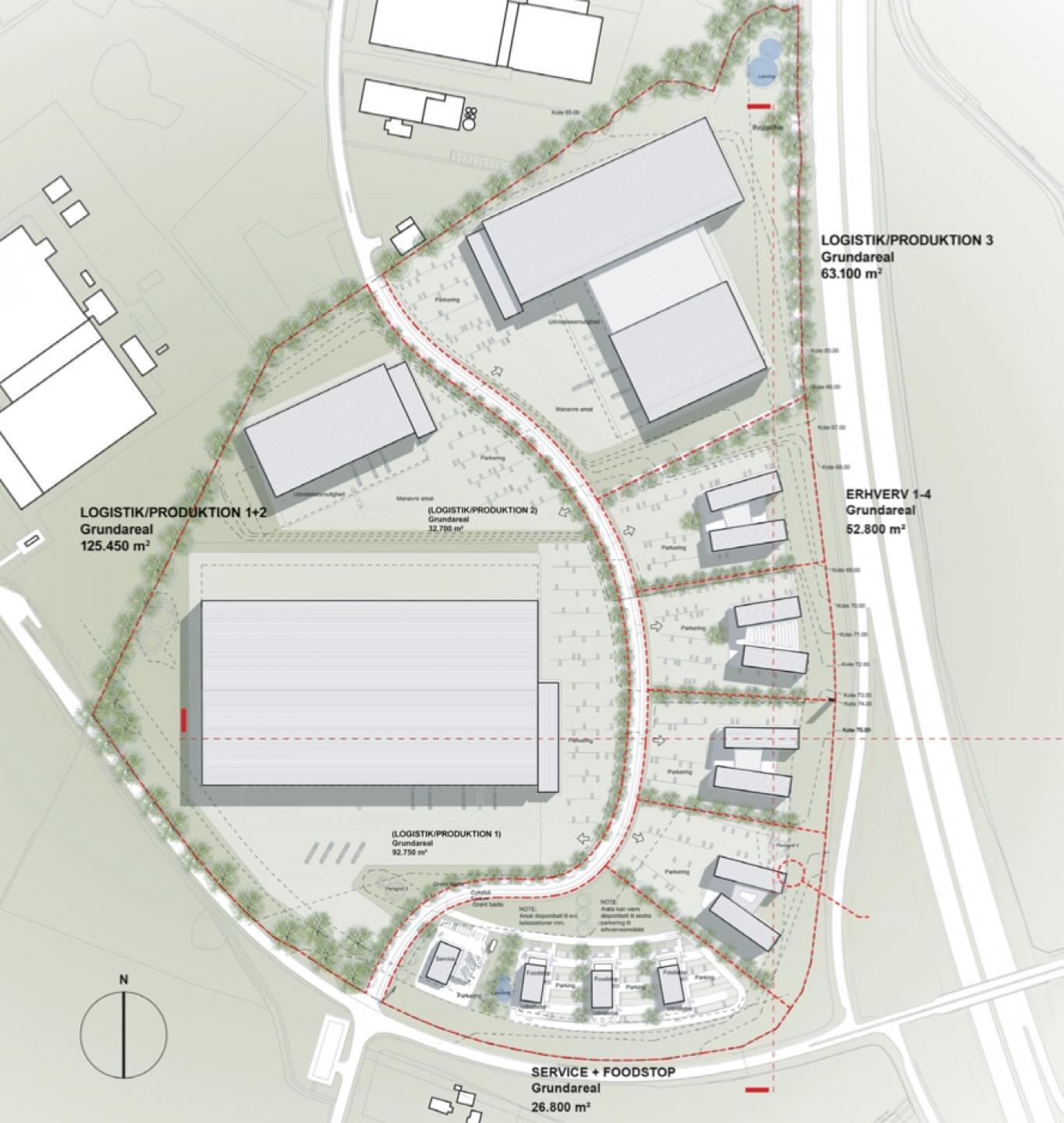 Selve dispositionsplanen for området er foreløbig, da det endelige projekt vil blive udarbejdet i samarbejde med de fremtidige kontor- eller logistikvirksomheder.
