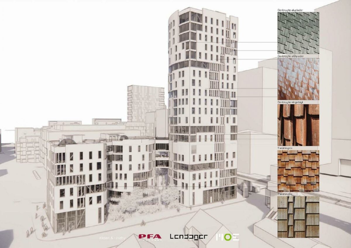 Nedrivningsprojekter i Aarhus og omegn skal genbruges eller up-cycles til facadebeklædninger til Træ. Facaden er dog ikke færdigprojekteret, så de viste materialer er udtryk for det aktuelle projektstade.