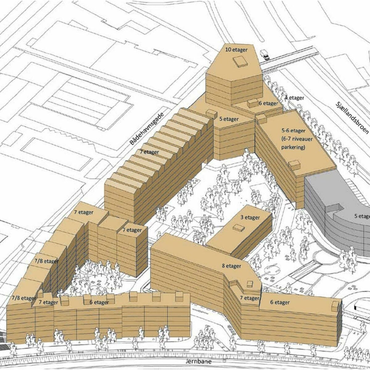 Volumenmodel, der viser et eksempel på mulig udformning af bebyggelsen i overensstemmelse med lokalplanen. Ill.: DesignGroup Architects.