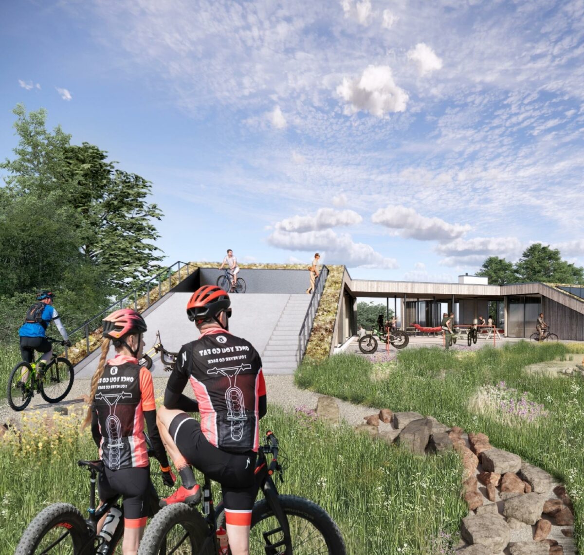 Det kommende trailcenter i Skanderborg lægger op til, at brugerne kan dyrke alle mulige slags outdooraktiviteter som f.eks. trailløb, ridning, mountainbike og orienteringsløb. Illustration: DIF/Danske Trailcentre