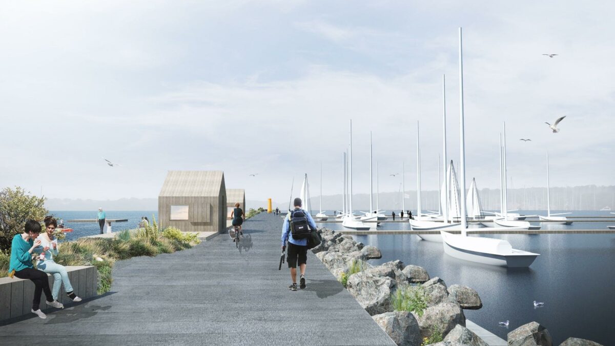 Middelfart Marina skal i fremtiden have et mere alsidigt udbud af aktiviteter i modsætning til i dag, hvor brugen af marinaen er centreret omkring sejlads og sejlsport. Illustration: Lytt Architecture