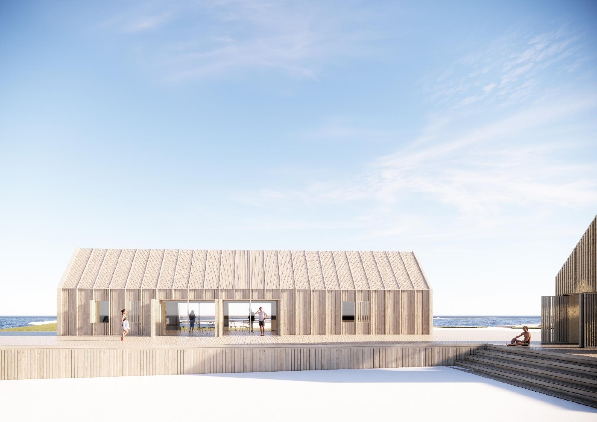 Det 140 kvm store Sundhuset bliver Marinaens 'blå' mødested. Huset er både isoleret og opvarmet, så det kan bruges året rundt. Illustration: Lytt Architecture