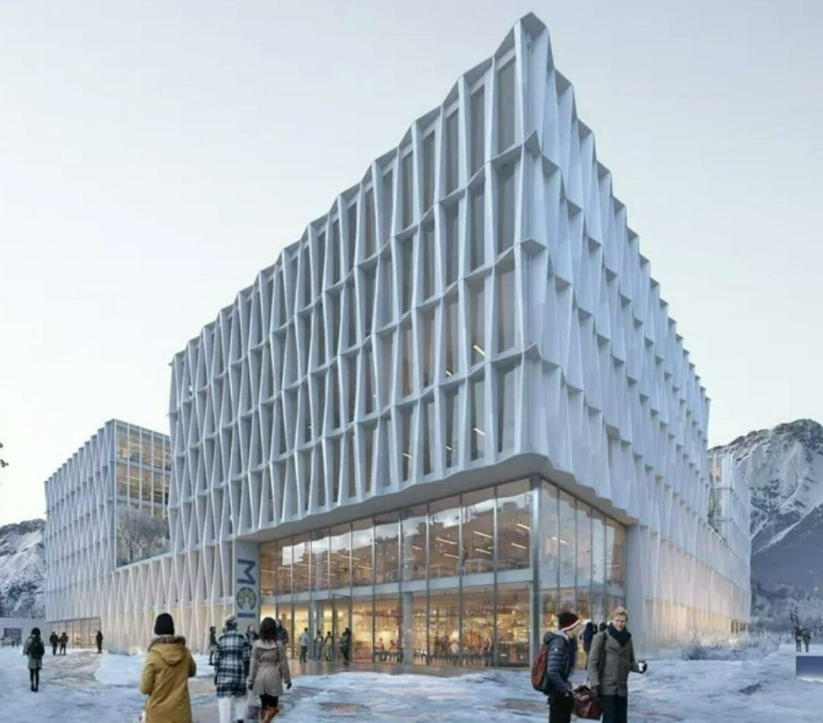 Facaden er en fortolkning af den ændrede måde, man - i kraft af lyset - ser bygningen i løbet af dagen. Visualisering: Henning Larsen.