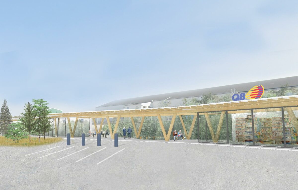 Vinderne af Q8's arkitektkonkurrence kalder deres bud på fremtidens servicestation 'Pauserummet i Skoven'. Bygningen er enkel og består af en trækonstruktion med vægge af glas og træ. Illustration: Johannes Lassen Platz og Martin A. Viggo Meincke