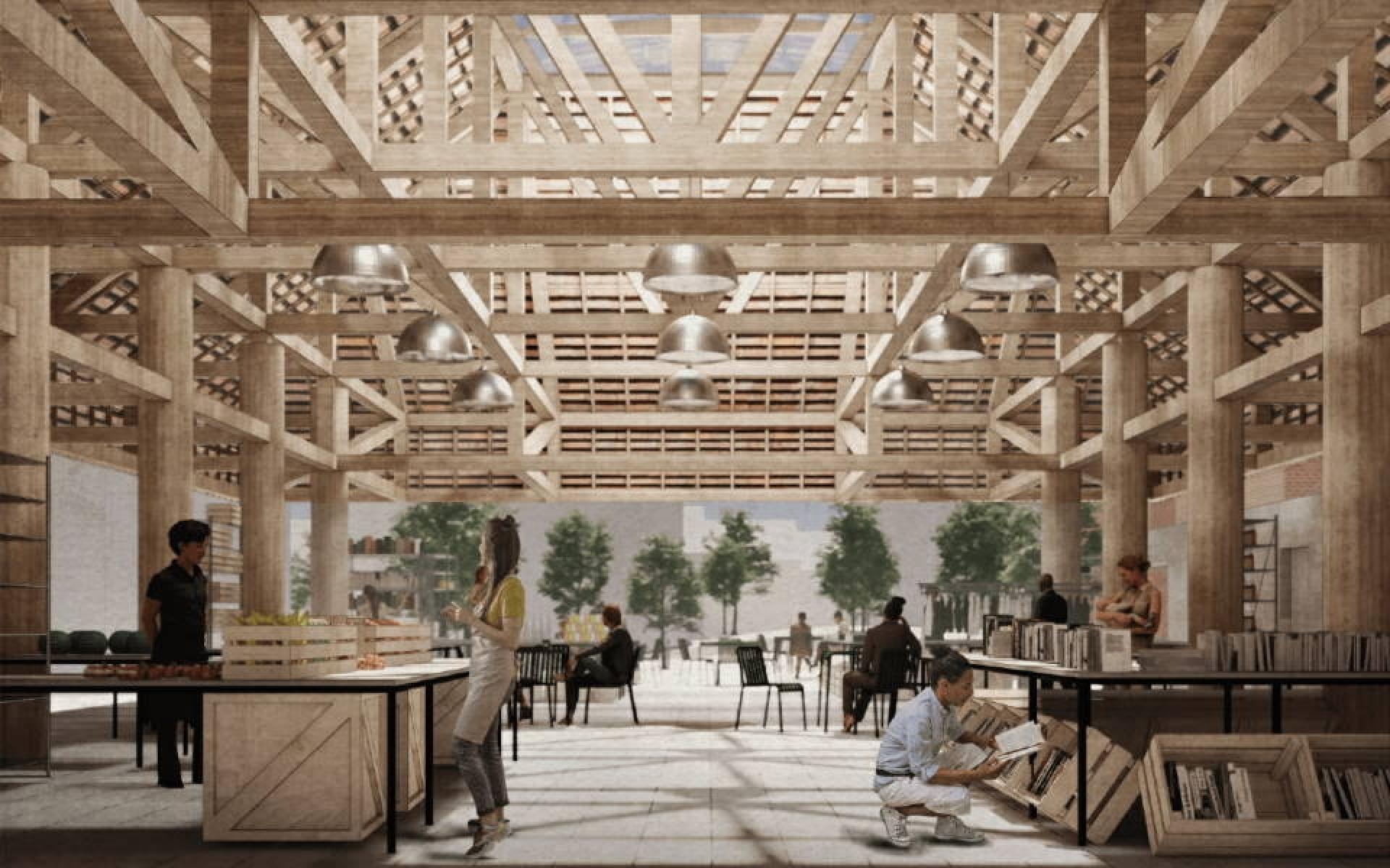 En åben søjlehal med robuste trækonstruktioner møder de besøgende indvendigt.