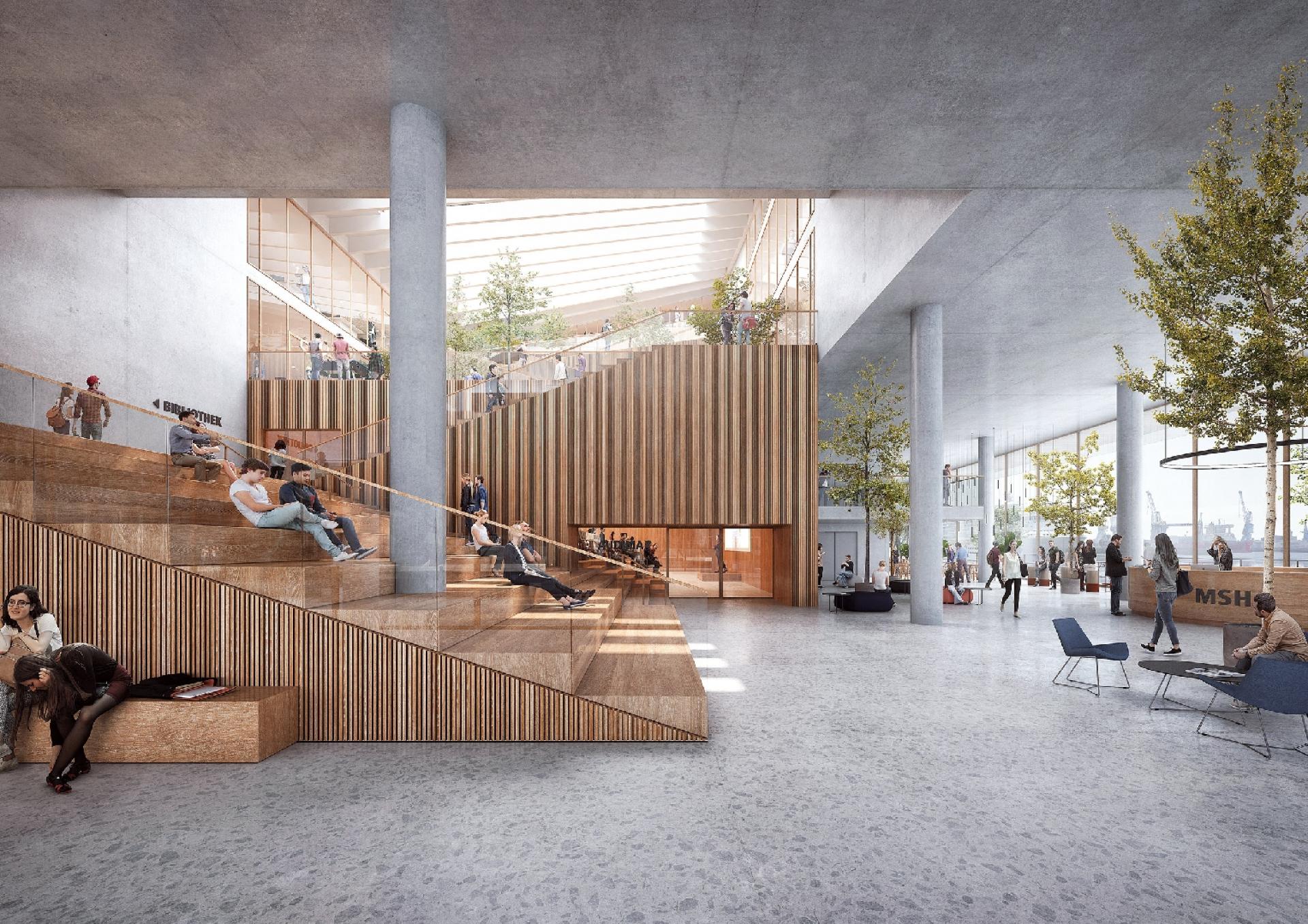 Elementerne til universitetet og kontorer er valgt ud fra forskellige levetider, lavt ressourceforbrug, genanvendelighed og lokal fremstilling. Visualisering: Depth Per Image.