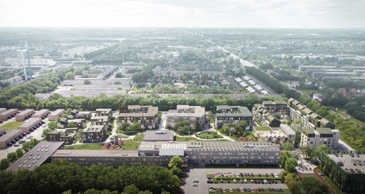 Første fase af Coop Byen består blandt andet af tre boligbebyggelser med ca. 360 svanemærkede lejligheder, rækkehuse og ungdomsboliger. Visualisering: Henning Larsen Architects.