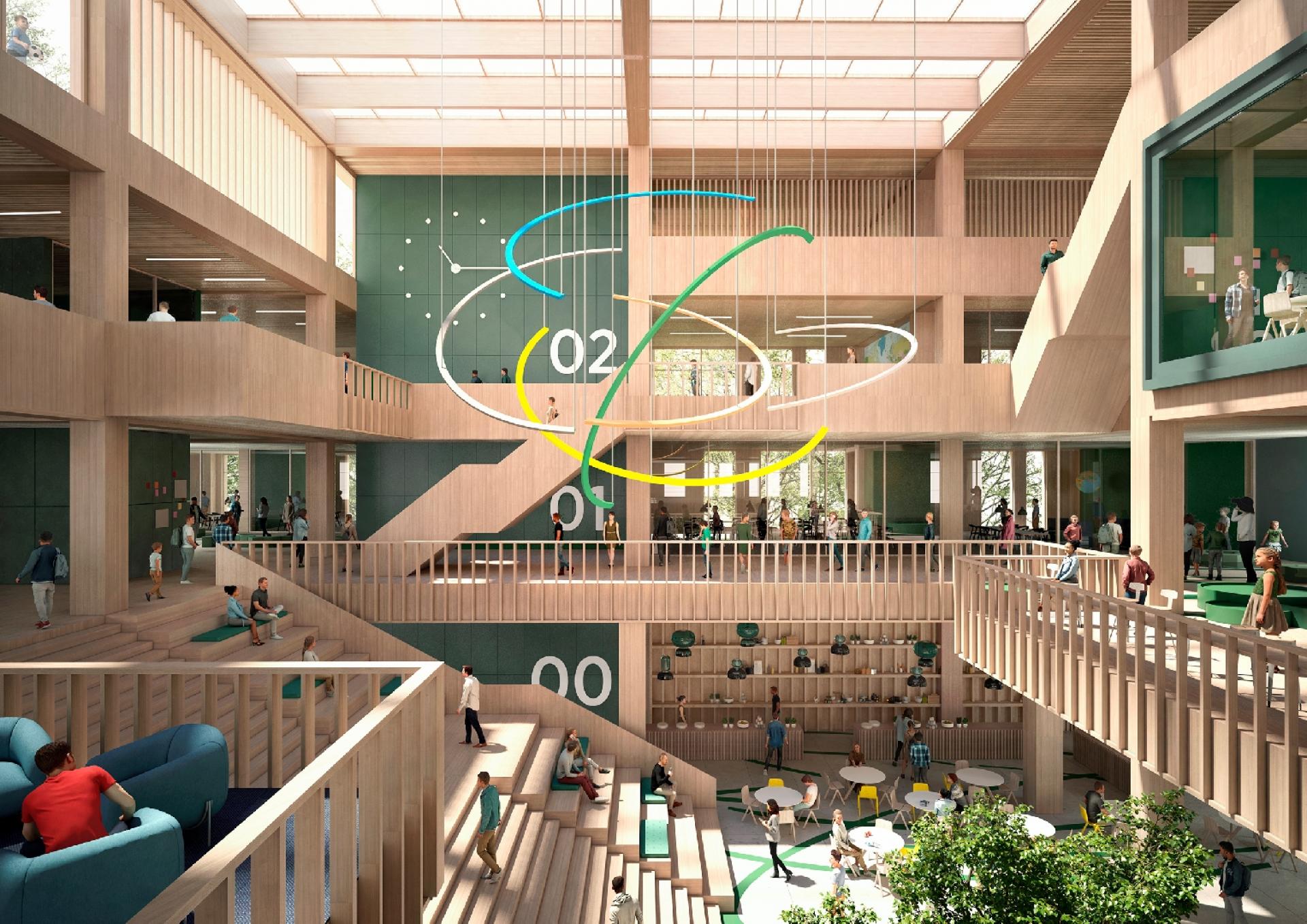 Den urbane forbindelse styrkes af en trappe med brede trin, der fungerer som et byrum med udsigt over landskabet og opholdsrum. Visualisering: C.F. Møller Architects / Nordland Arkitekter.