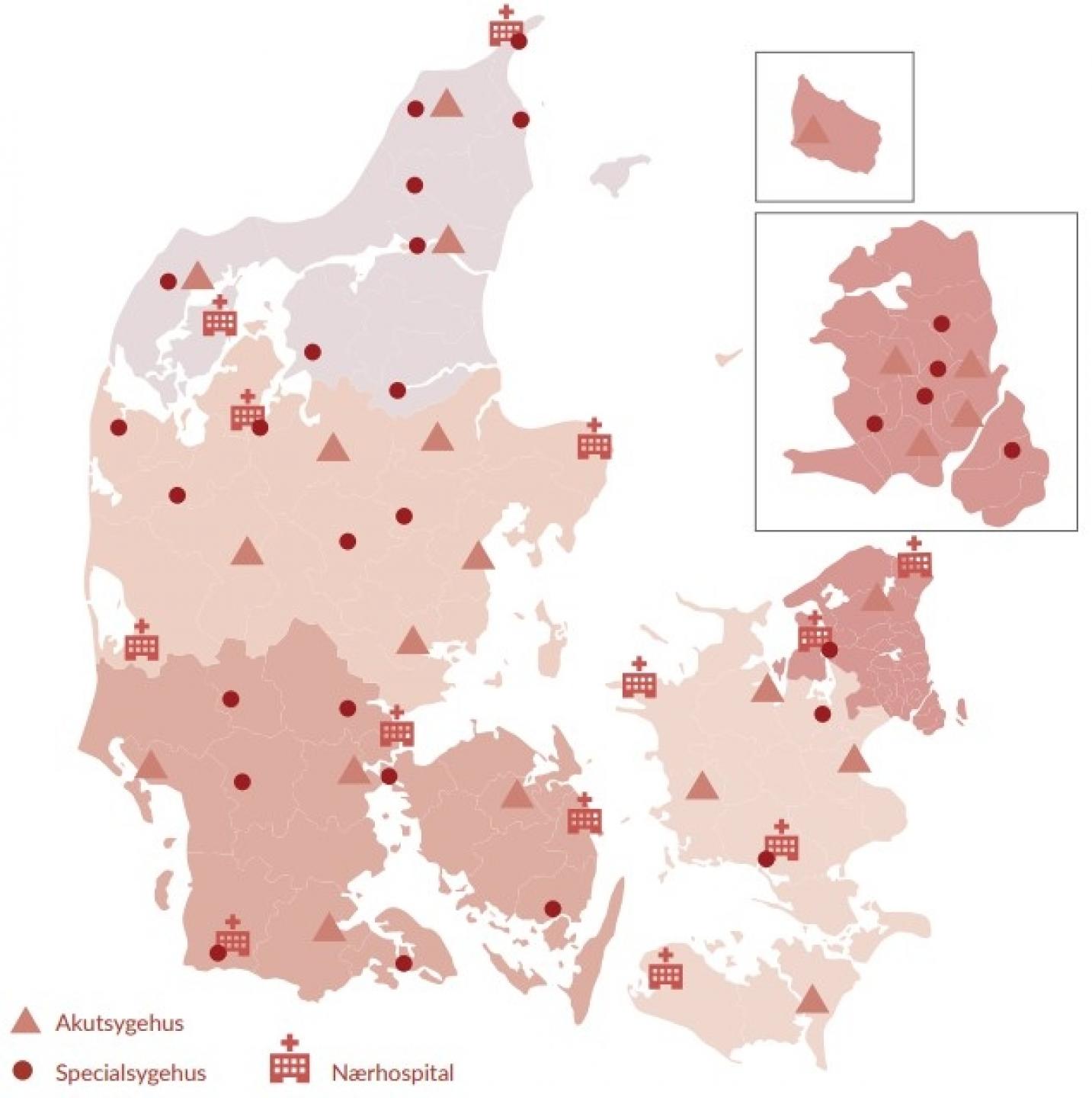 Her skal de foreløbigt 13 placerede nærhospitaler ligger. Illustration: Sundhedsministeriet