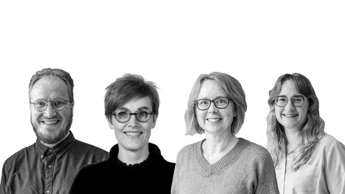Fra venstre: Formand Martin Hedevang Andersen, bestyrelsesmedlemmer Signe Moos, Catrine Hancke og Emilie Kjeldsen Kjær. Fotokollage: Danske Landskabsarkitekter.