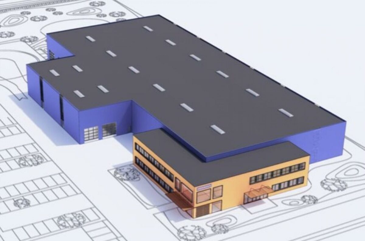 Hörmanns nye domicil i Sdr. Borup omfatter i første fase ca. 4.000 m2 lager og ca. 1.200 m2 kontorfaciliteter i et plan. I fase 2 er der plads til at udvide lageret med ca. 2.000 m2. Illustration: Friis & Moltke