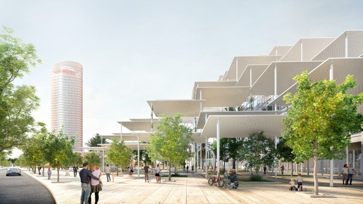 Det nye Joint Research Centre (JRC) skal ligge under en solcelleskærm vil opfylde byrådets mål om, at 100 % af energiforbruget skal komme fra vedvarende energikilder. Illustration: BIG -Bjarke Ingels Group