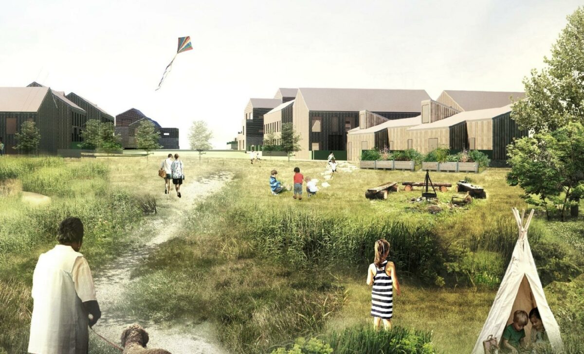 Vandkunstens helhedsplan lægger op til, at bebyggelserne bliver højest ind mod den eksisterende by og trapper ned ud mod landskabet. En vigtig del af projektets bæredygtighedsprofil er, at vejanlæg og infrastruktur minimeres, og det hele bliver opført i bæredygtige byggematerialer. Ill.: Vandkunsten.