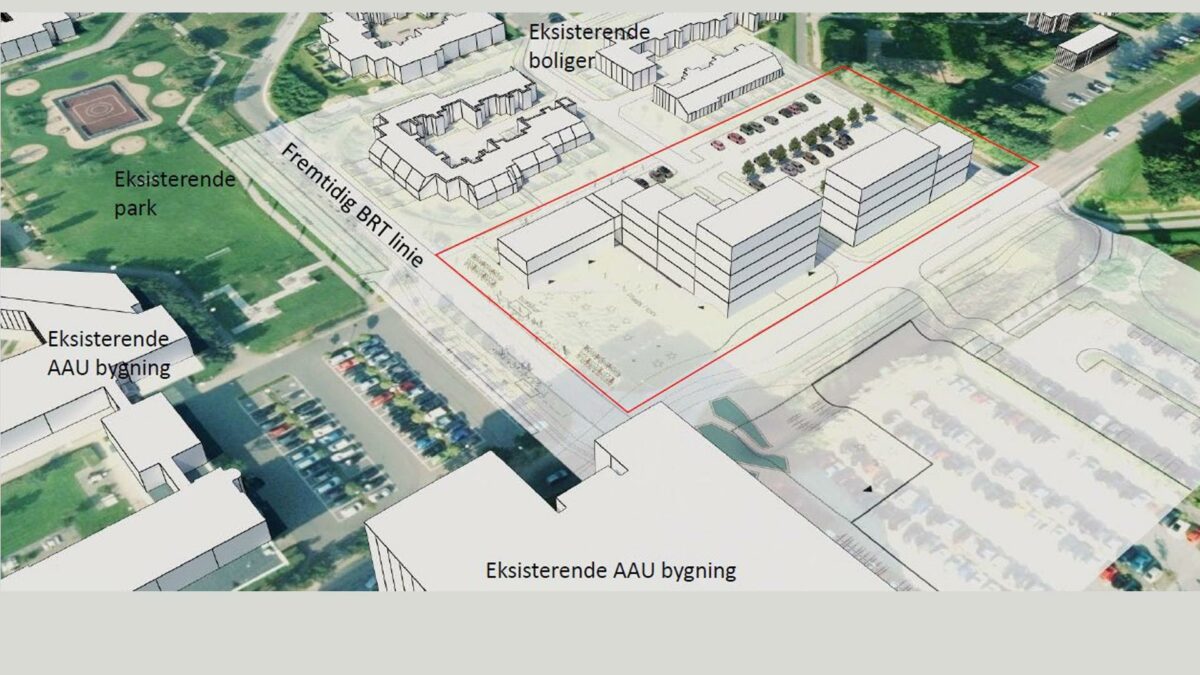 Visualisering af det kommende Green Hub House byggeri. Bebyggelsen er opdelt i to separate bygninger som trapper op fra 2. til 5. etage.