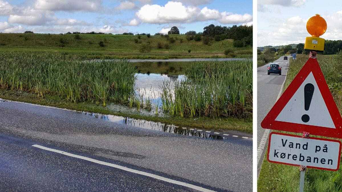 Landevejen, der går gennem moseområdet ved Korupskovvej på Djursland, bliver tit oversvømmet og det skaber trafikale udfordringer.