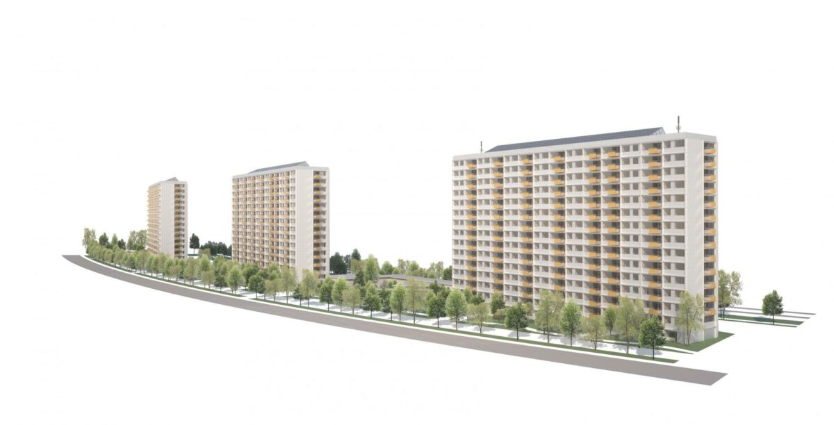 Renoveringen består af 429 lejligheder fordelt på tre store blokke, opført sidst i 60'erne. Visualisering: Domus Arkitekter.