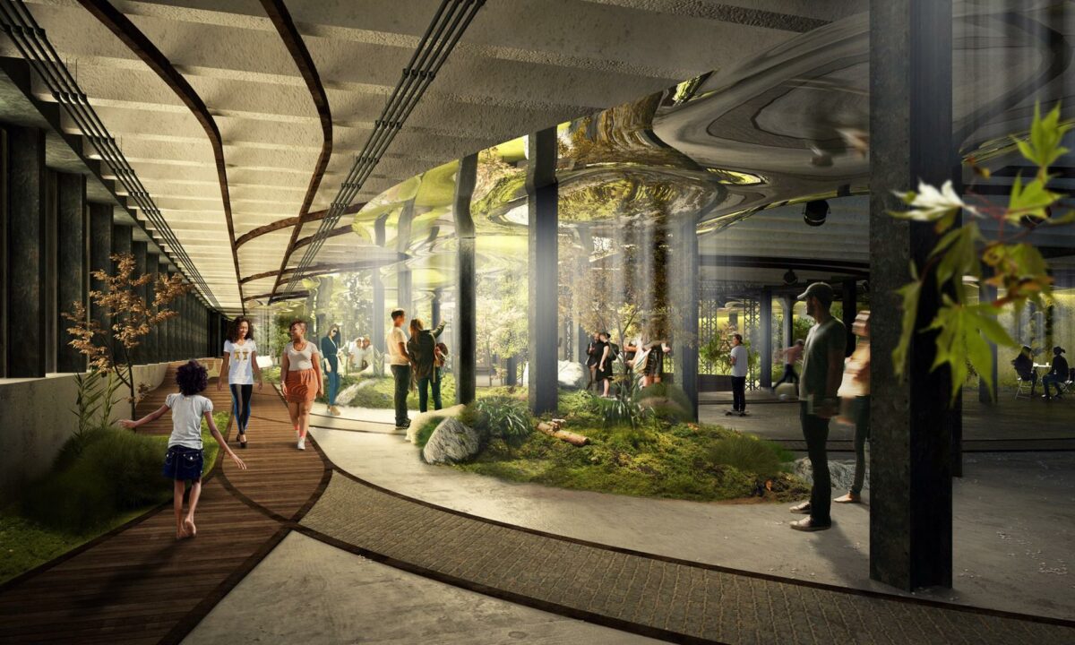 De gamle sporskinner bevares i strukturen, så parken rødder ikke bliver glemt. Visualisering: Raad Studio.