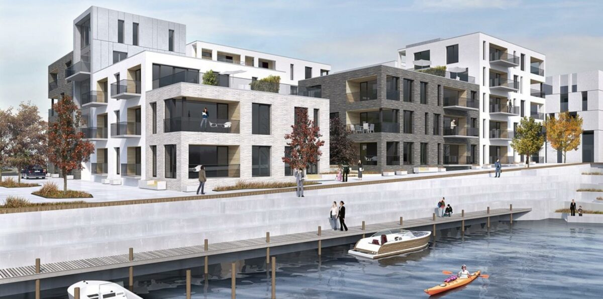 Byggeriet set fra kanalen. Visualisering: Sahl Arkitekter og ON + PSL.