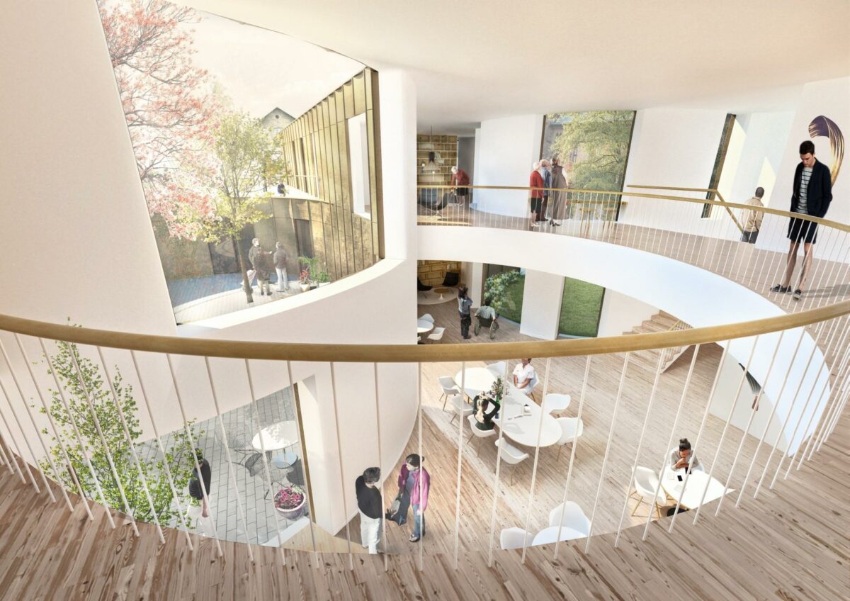 Med støtte fra A.P. Møller og en række andre fonde bliver der fine rumlige kvaliteter i opholdsrummet og den indre gårdhave, som udgør husets hjerte. Illustration: Nord Arkitekter.