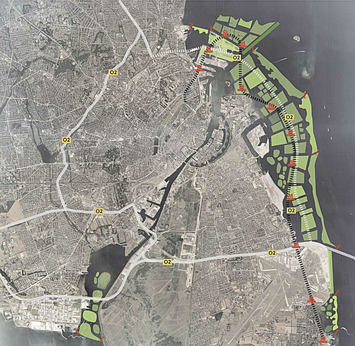 København skal videreudvikles med flere kunstige holme for at klimasikre byen, mener Polyform Arkitekter i et idéoplæg. Illustration: Polyform Arkitekter.