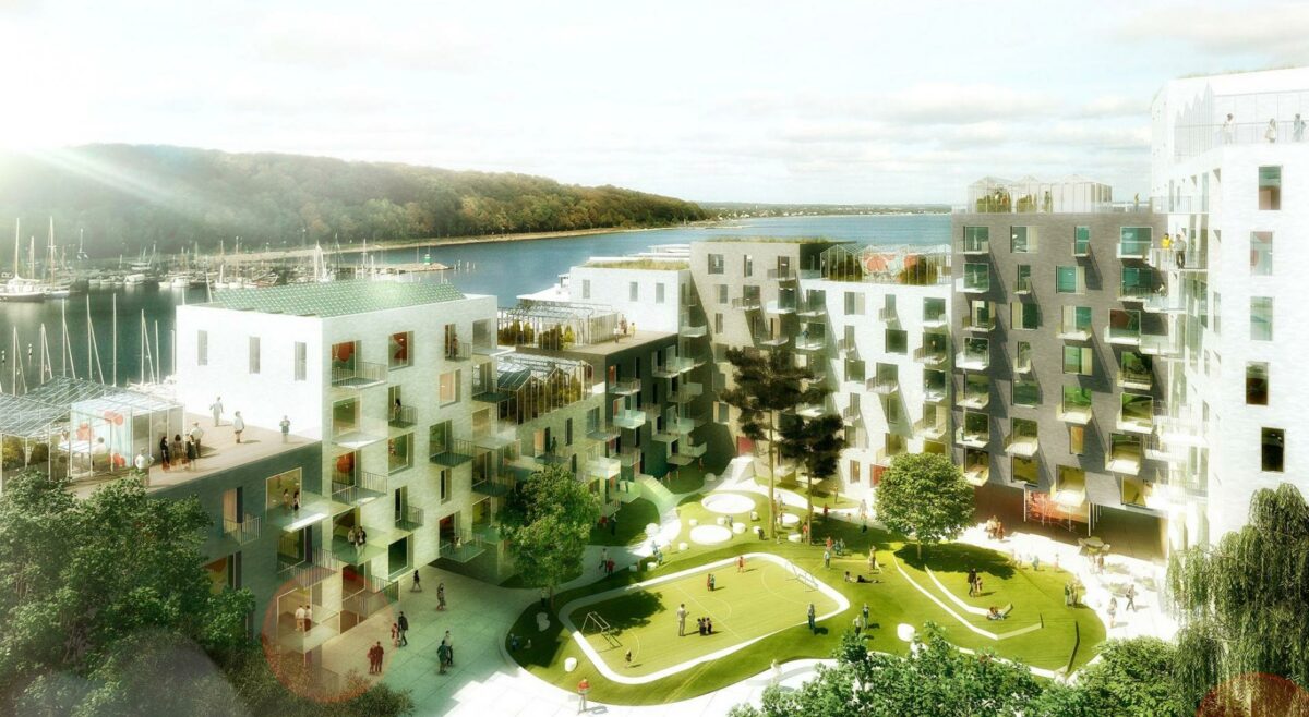 Til maj kan de første beboere flytte ind i Brabrand Boligforenings "Havnehusene" på Aarhus Ø. Visualisering: Luplau & Poulsen.
