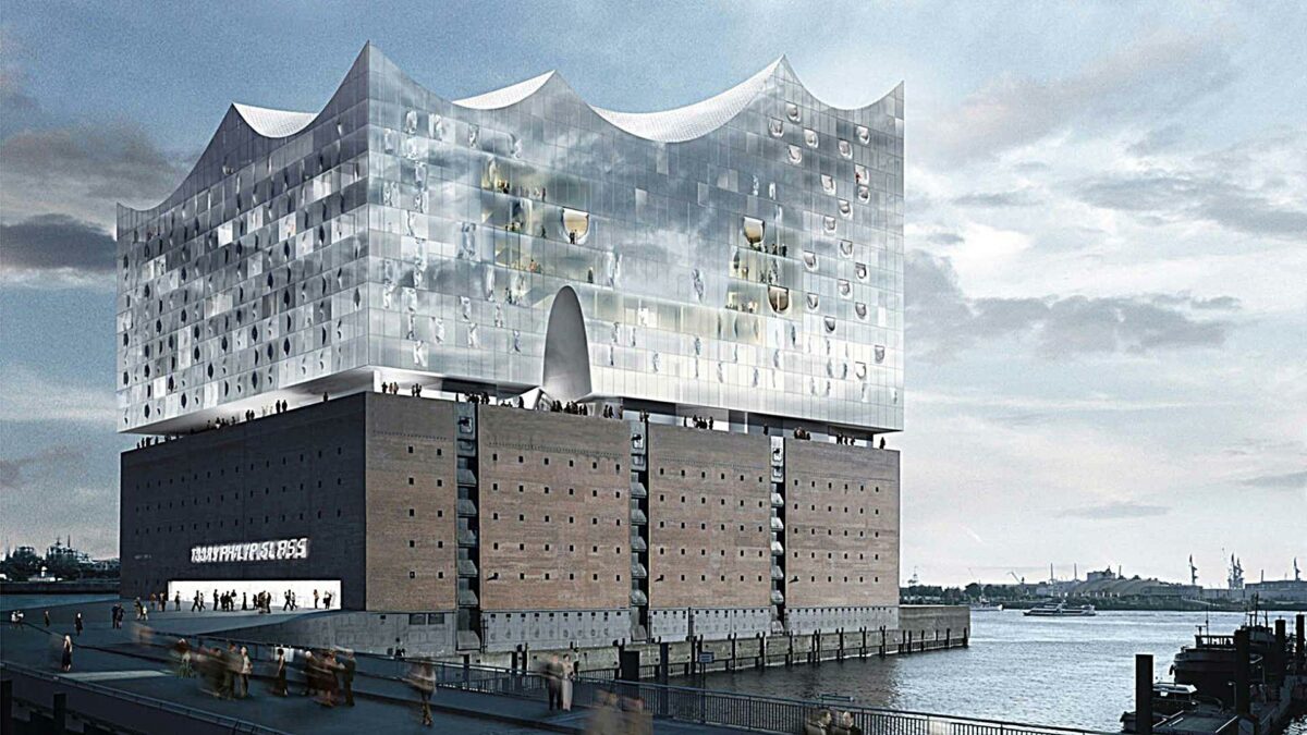 Projektet Elbphilharmonie i Hamborg er i skrivende stund 355 procent dyrere end først beregnet. Byggeriet skulle have stået færdigt i 2010, men nu forventes åbningen at blive i januar 2017. Illustration: www.freundeskreis-elbphilharmonie.de.