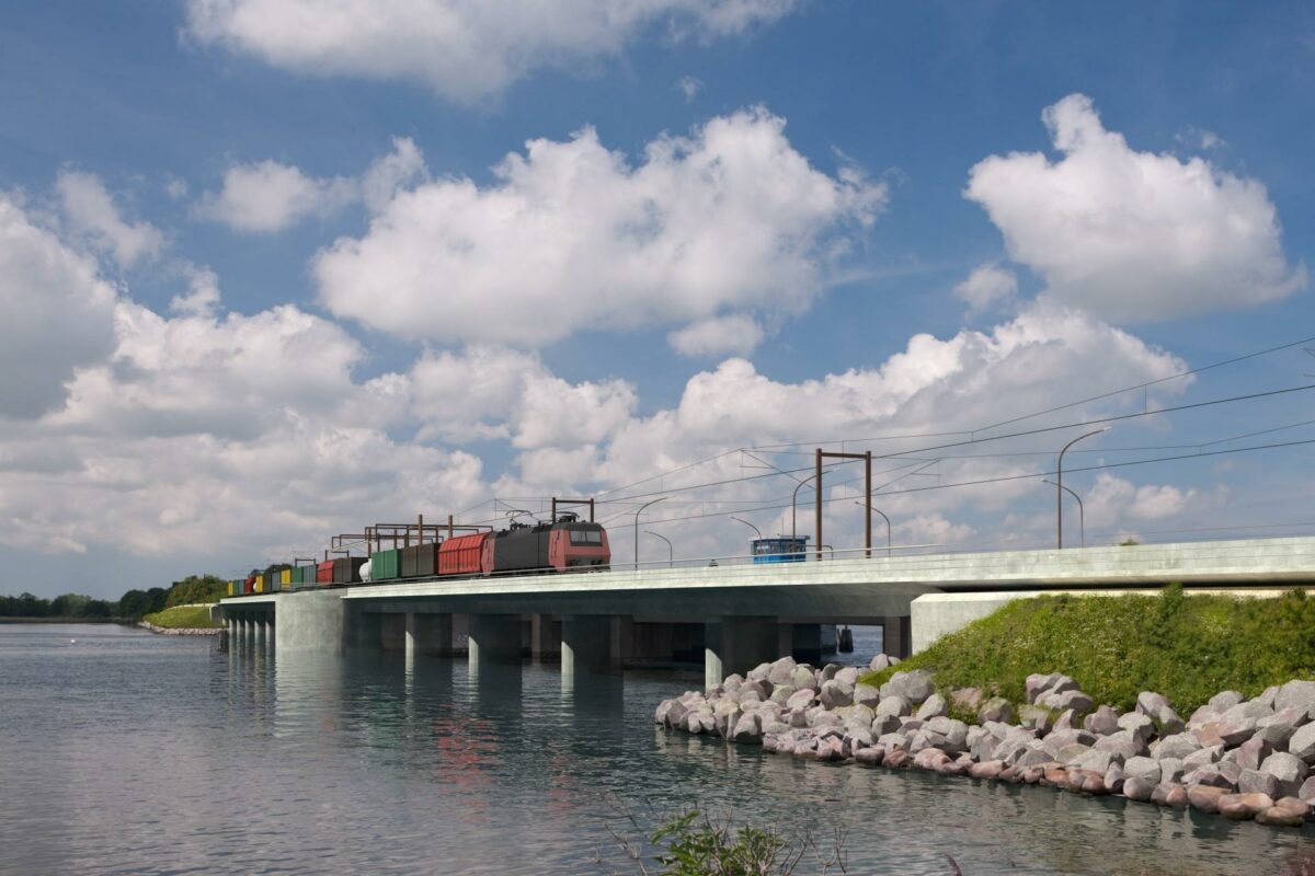 Fem er prækvalificeret til at byde på opgaven om etablering af togbroen over Guldborgsund. Illustration: Banedanmark.