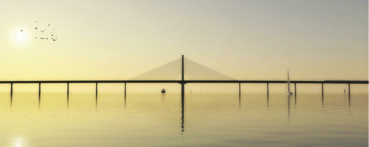 Den nye Storstrømsbro bliver opført med en pylon. Visualisering: Vejdirektoratet.