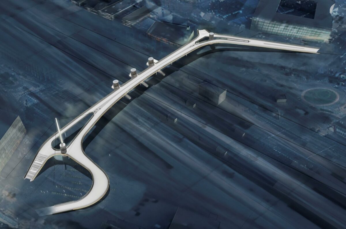 Byens Bro i Odense skal strække sig over 15 jernbanespor, når den er klar til brug i maj. Illustration: Gottlieb Paludan.
