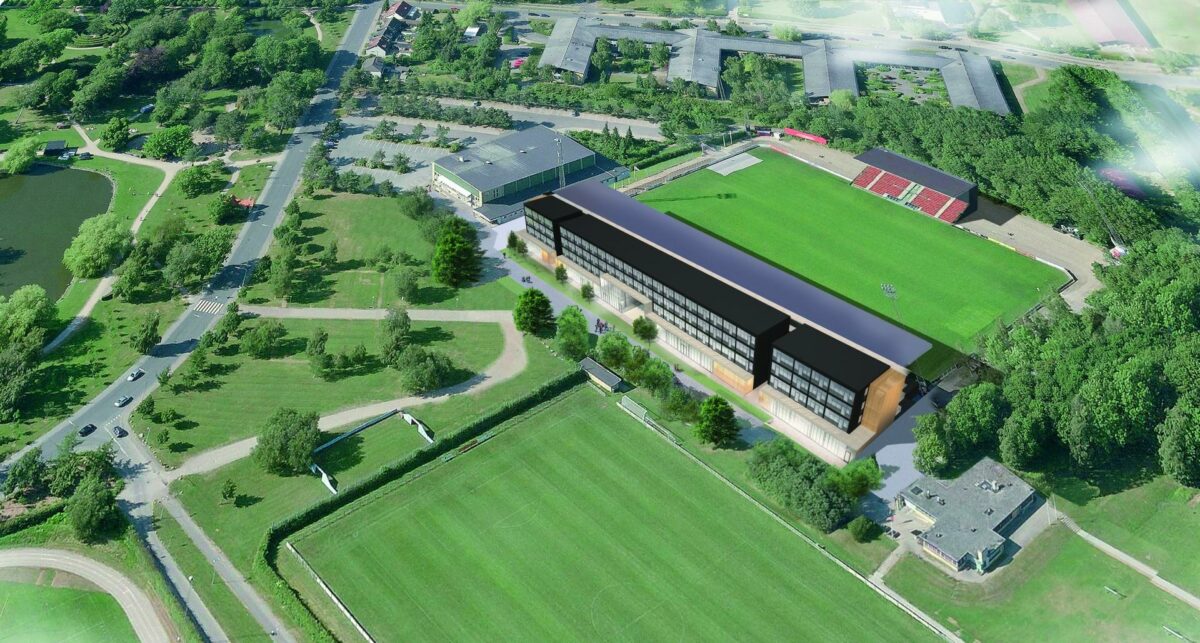 Det nye sportscollege bliver opført lige op ad Slagelse Stadion. Visualisering: Domus Arkitekter og H+ Arkitekter.