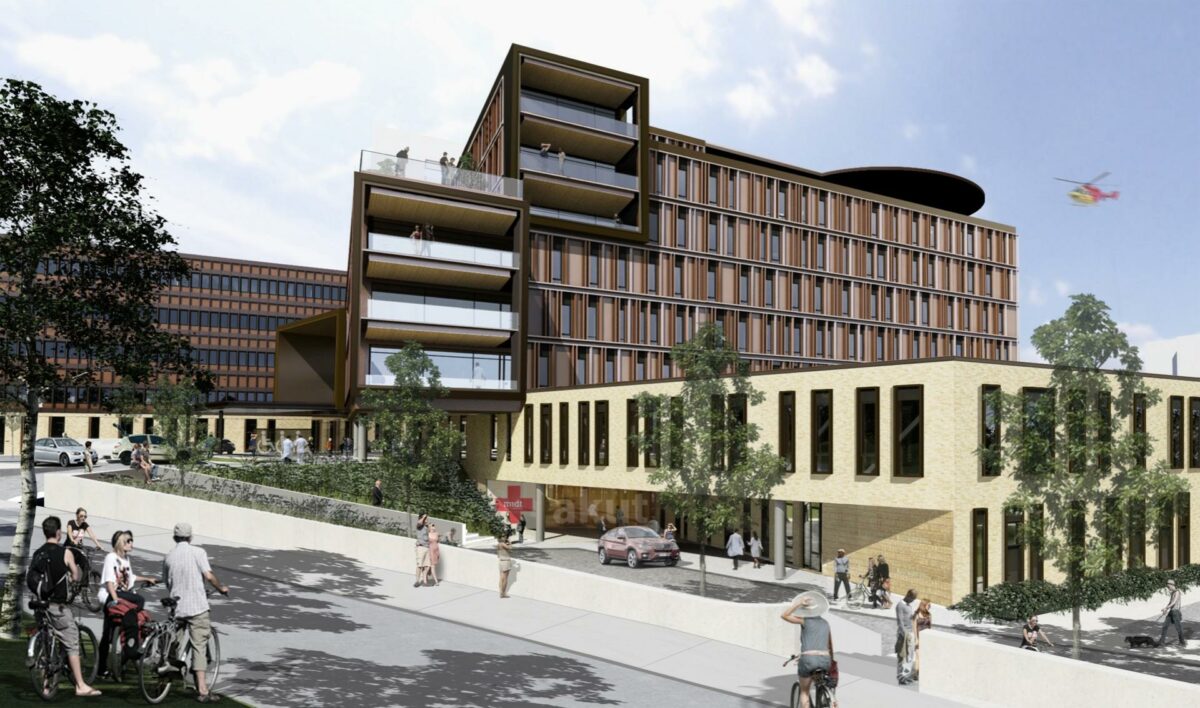 Per Aarsleff A/S skal støbe fundamentet til fremtidens akuthospital i Viborg. Det om- og udbyggede hospital bliver 120.000 kvadratmeter stort. Visualisering: Projektgruppen Viborg.