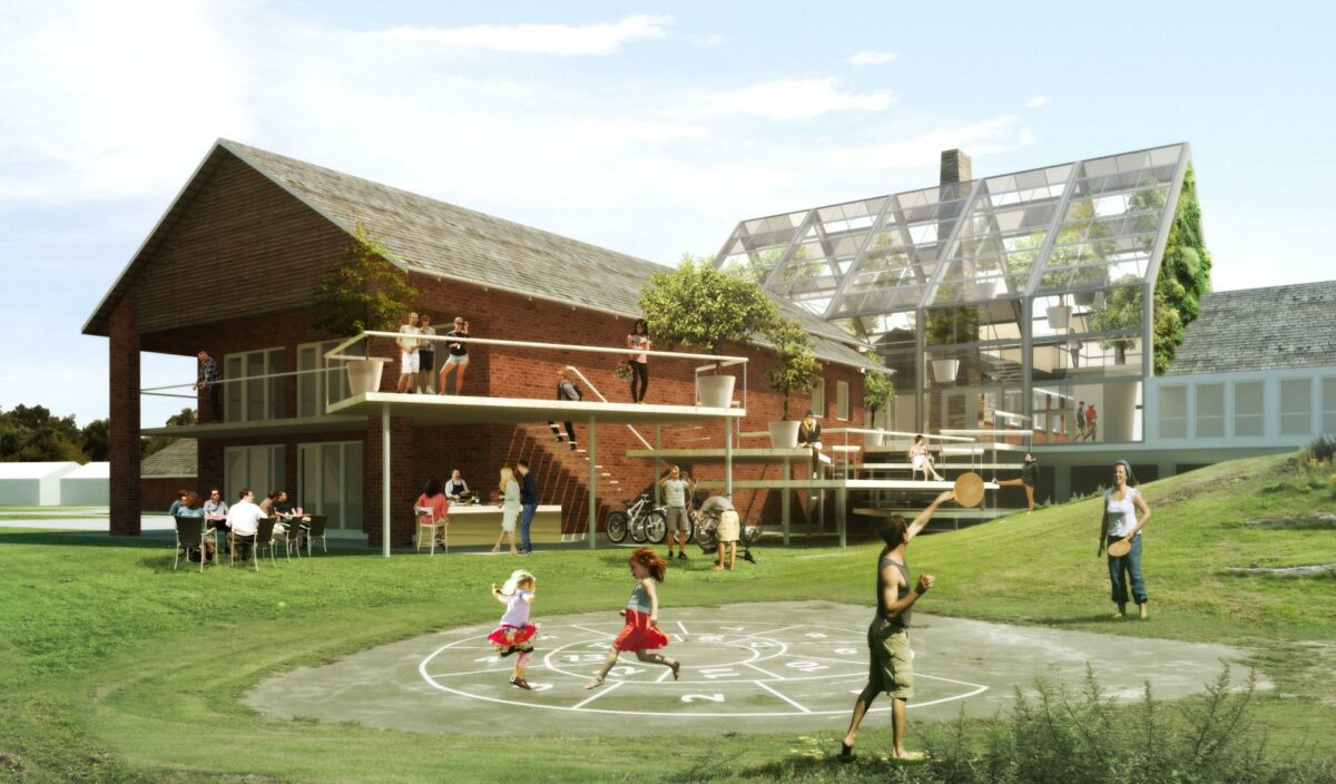 Centralt i Det Nye X-Hus bliver en ny stor glasbygning på 250 kvadratmeter, som vil blive ?Landsbyens dagligstue?. Dagligstuen skal være mødestedet hvor lokalområdets børn, ældre og familier kommer forbi til uformelt samvær alle ugens dage. Visualisering: MUTOPIA Architects.