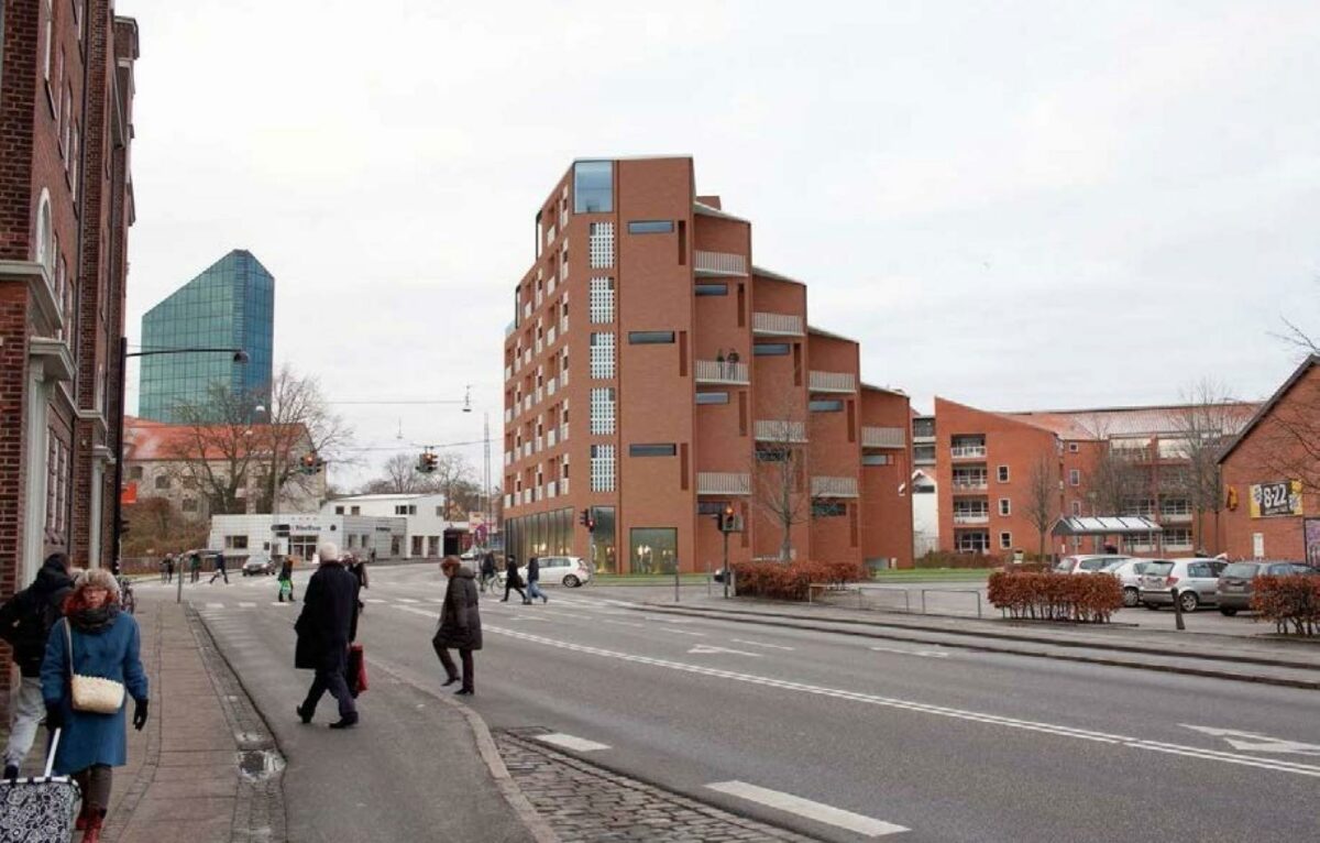 Byrådet i Aarhus vil droppe planerne om en større park på "stenhuggergrunden" og i stedet give tilladelse til et byggeri i syv etager, der vil tage sig således ud. Illustration fra lokalplanforslag 981.