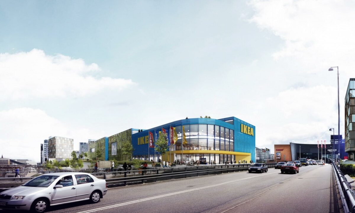 Det vækker kritik, at Københavns Kommune nu vil give tilladelse til opførelsen af et Ikea-varehus ved Dybbølsbro og dermed fraviger den oprindelige lokalplan, som sigtede mod bolig- og kontorbyggerier i området. Illustration: Ikea.